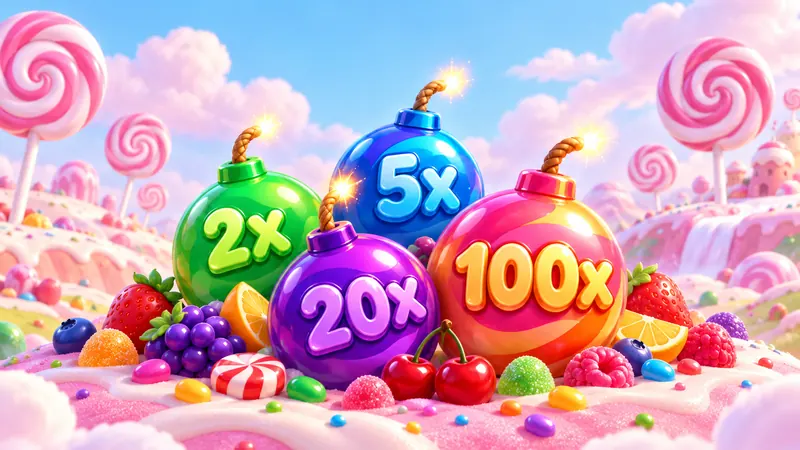 Meyve ve şekerlerin arasında 2x, 5x, 20x ve 100x değerli dört çarpan bombası